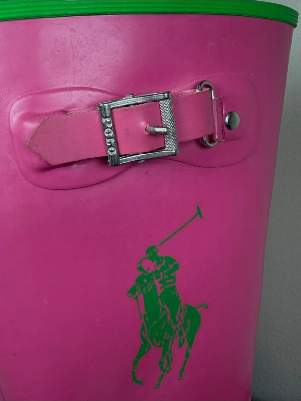 Ralph Lauren Bright Pink & Green Rubber Rain Boots Preppy Galoshes Ladies Size 6